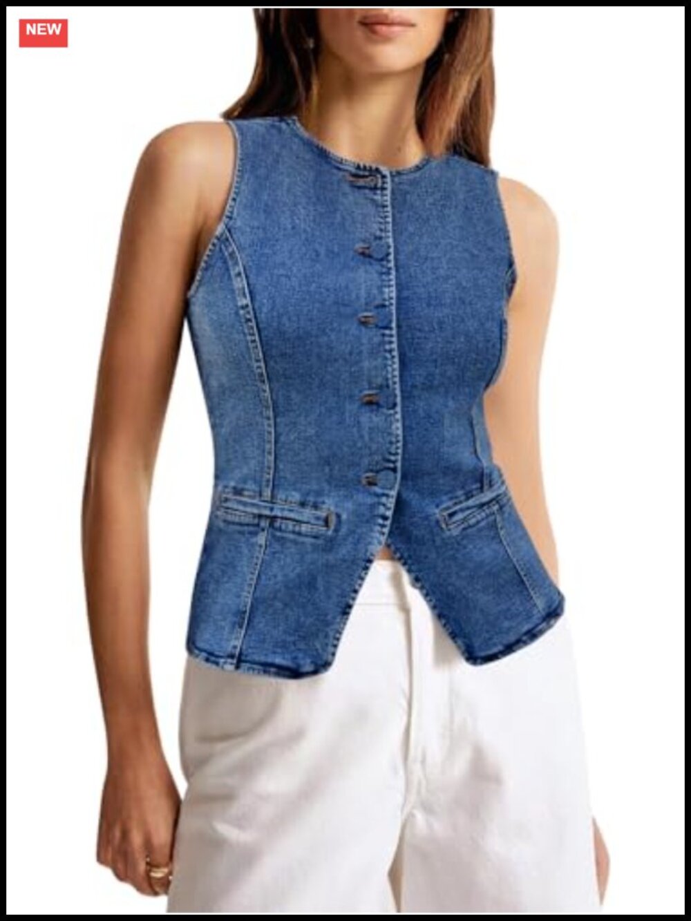 Womens Sleeveless Denim Vest Button Down Fitted Jean Shirt Crop